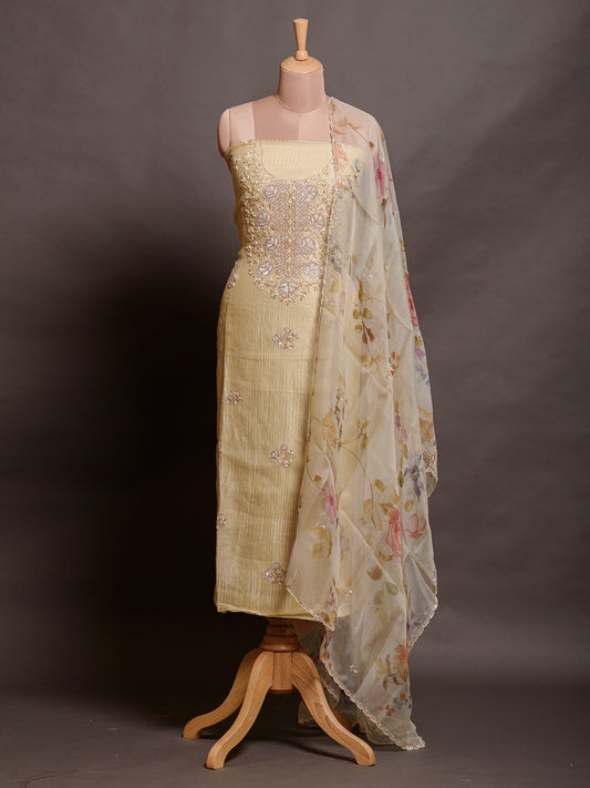 Light Yellow Tissue Cutdana Kurta Set with Moti & Chir Work - Unstitched