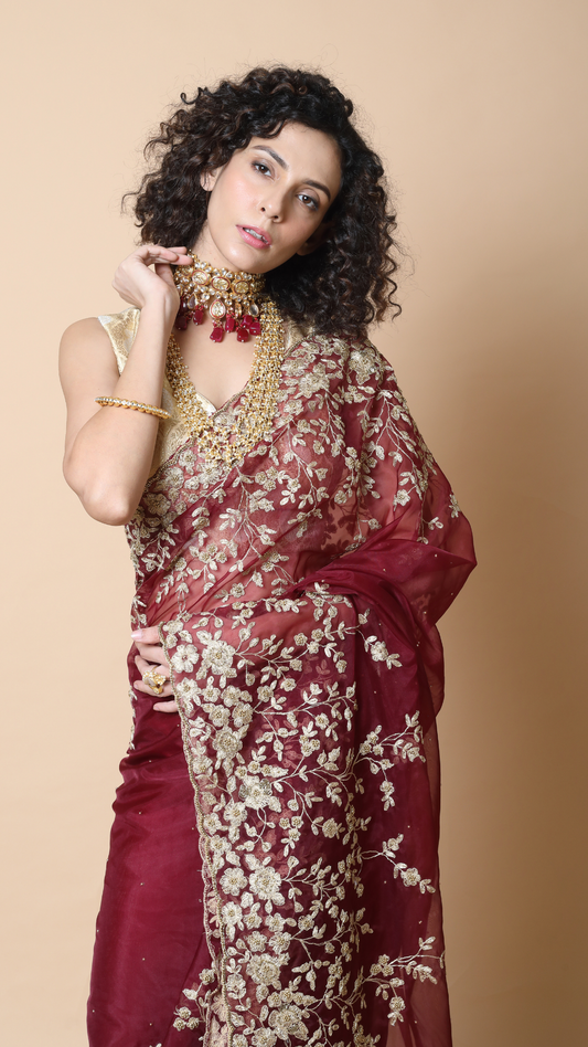 Maroon Organza Resham Embroidered Saree